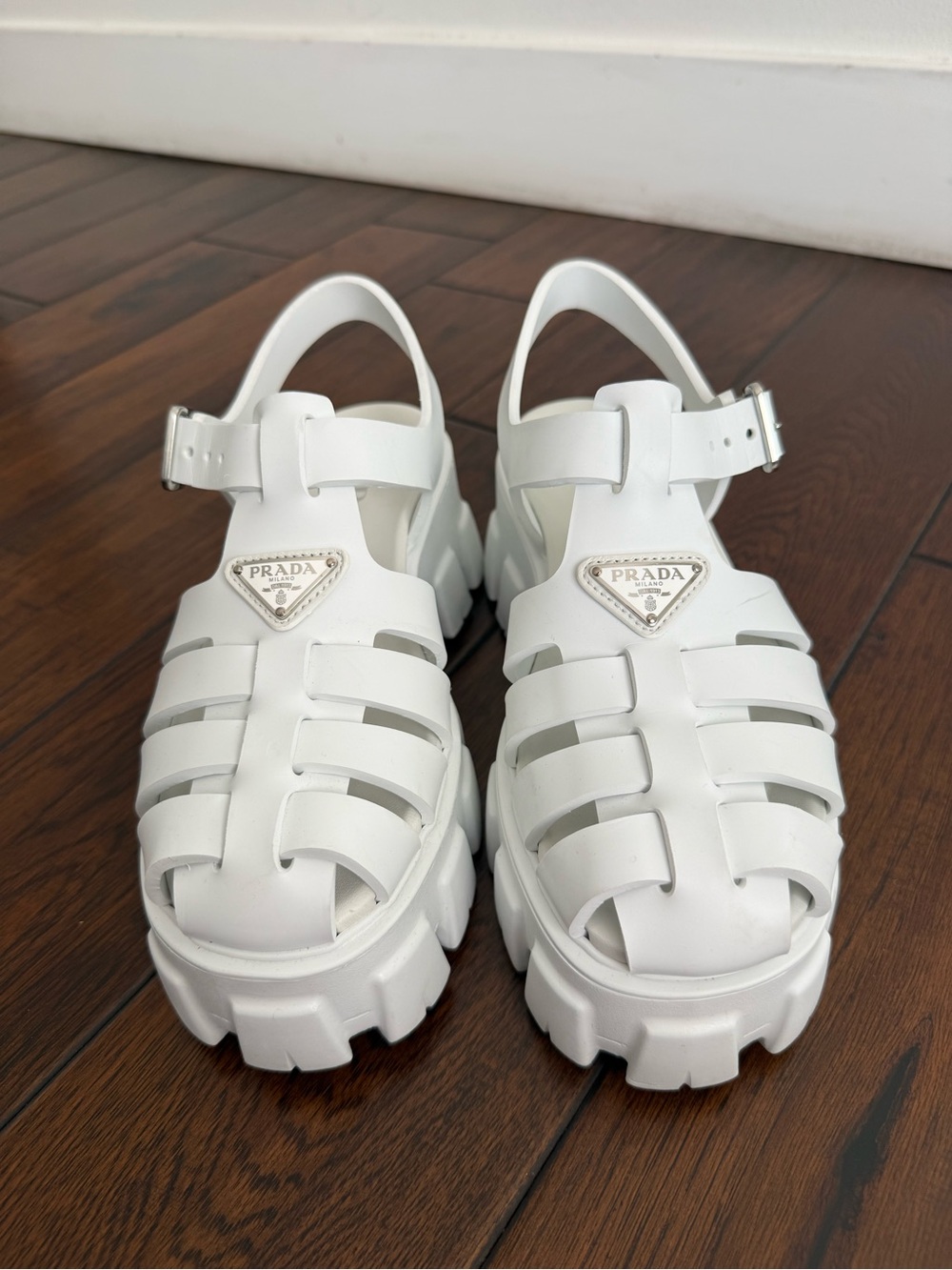 Prada White Monolith Platform Sandals, Size 6 - Picture 8 of 9